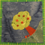 This quilt block shows a dark blue background with a path of green grass in the lower right corner. There is a big apple tree on the grass jutting out into the center of the square. The apples are actually small round red two holed buttons of varying sizes.