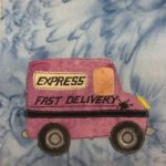 This quilt block shows the side view of a purple delivery truck. The wheels have gray fabric hubcaps with a pen circle inside. There's a black stripe on the side of the truck, and above that in pen a line ending in a splat with the words, "Fast Delivery" above it. Then, on the back big part of the truck is a yellow sign that says, "Express." The windshield is on the front upper part of the truck and is a slight orange tint. The headlight is a small yellow piece of fabric, and the bumpers are pieces of gray fabric with white pen on them. This is all against a blue salmon-patterned background.