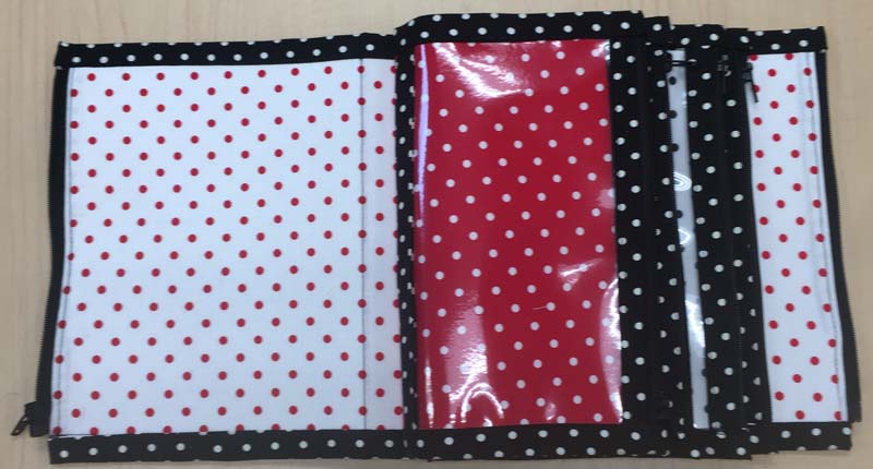 A fabric and vinyl pouch opened up to show see-through pockets.