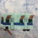 This quilt block shows a teal colored winne-eggo. This is a Winnebago decked out to be a chicken nest and watering hole. The steel fabric is shaped like a rectangular winnebago with dark green windows. The windows have covers that are open and are brown. Ther is a darker blue horizontal stripe across the middle of the Winnebago. There are drawn two human doors, and one ramp with a black square for chickens. Near the back wheels are little red nipples lined up to feed the chickens water on the bottom of the trailer.