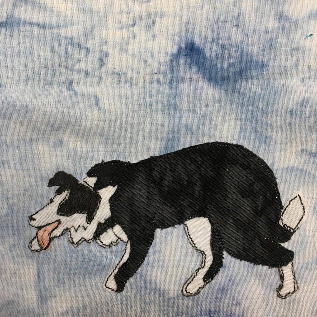 This quilt block shows a border colie facing to the left. It's front paws are spread out and it's head is down like it's going to play. The tongue is hanging out of the mouth. The patterns on the dog match the black and white patterns of most border collies. This is done with a piece of black fabric and a piece of white fabric underneath. It really is quite an accurate border coolie, with tiny stitching outlining everything.