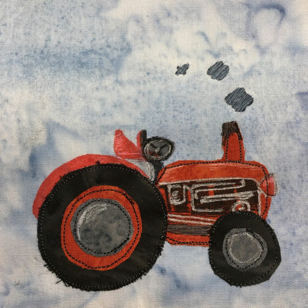 This block shows a detailed red tractor. This tractor has a red chassis. There is a seat with a starting wheel that is penned in white. The innards of the tractor are shown in the body of the tractor with black and white pen markings. There is a big wheel on the back end that is black, red, and silver on the large axle. There is a smaller wheel up front. The wheels have a white stitching outlining them. There is a smoke stack coming out of the chassis which has black pen on the top and little clouds coming out.